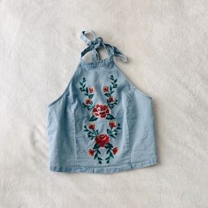 Floral Embroidered Halter Crop Top Size L